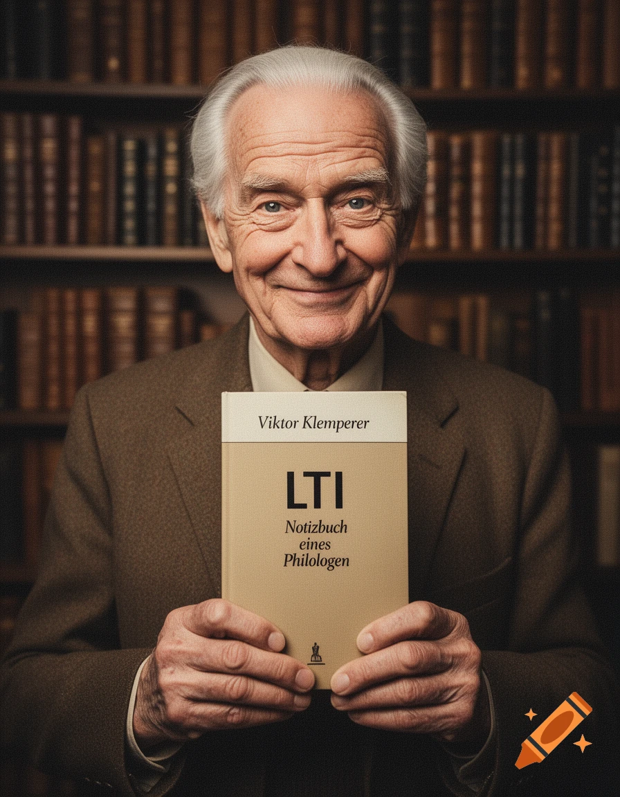 A smiling older man with white hair holds a book titled 'LTI' in a library, rendered in a photorealistic style.