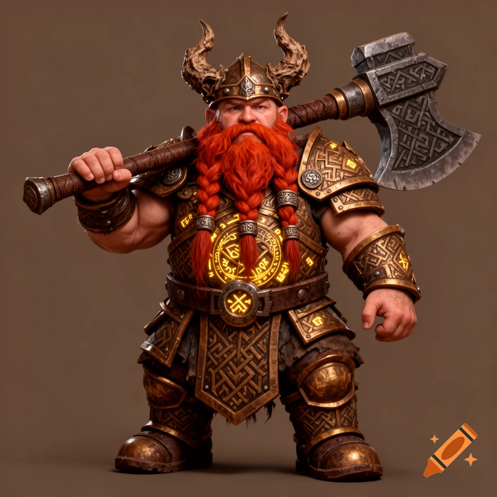A dwarf warrior with a braided red beard, horned helmet, glowing golden armor, and a large axe slung over his shoulder.