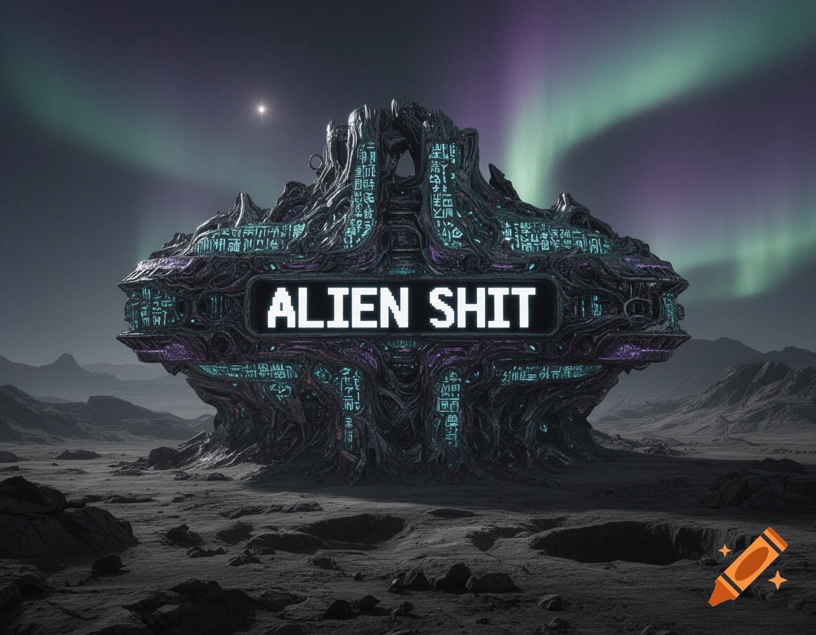 Intricate dark alien structure with 'ALIEN SHIT' text on a desolate planet under a night sky with aurora borealis.
