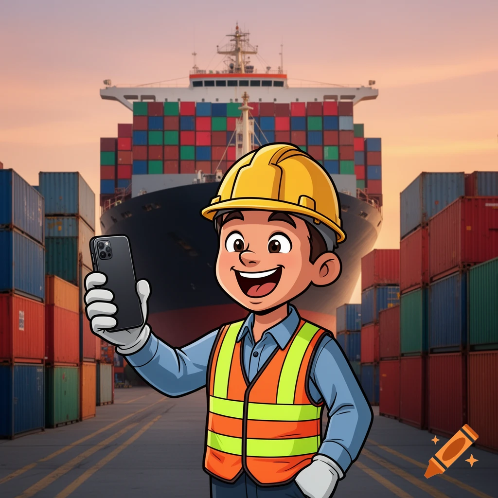 A cartoon worker in a yellow hard hat and orange safety vest smiles while holding a mobile phone at a container ship yard with a large cargo ship in the background.