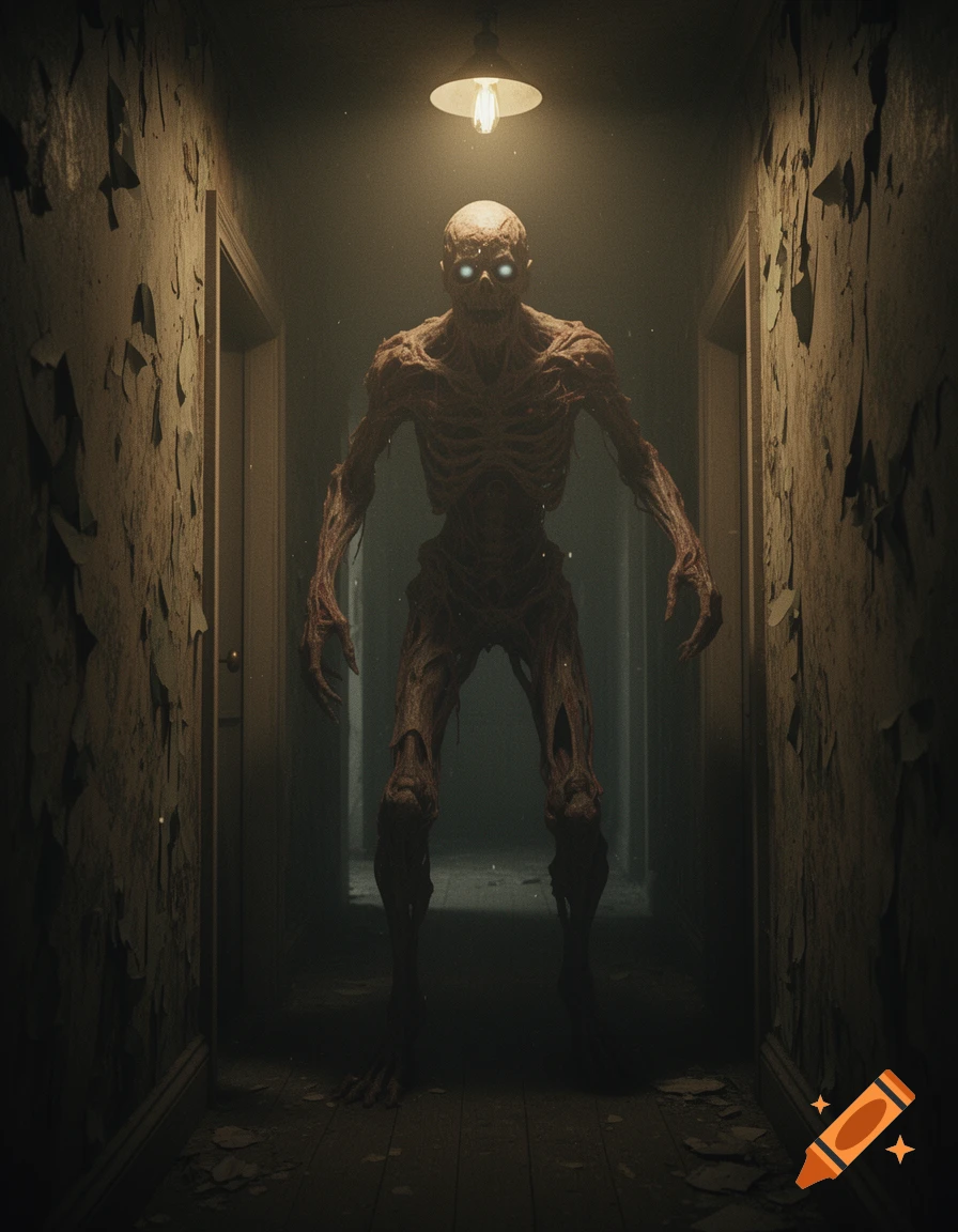 A tall, skeletal monster with glowing eyes stands in a dark, decaying hallway under a single light.