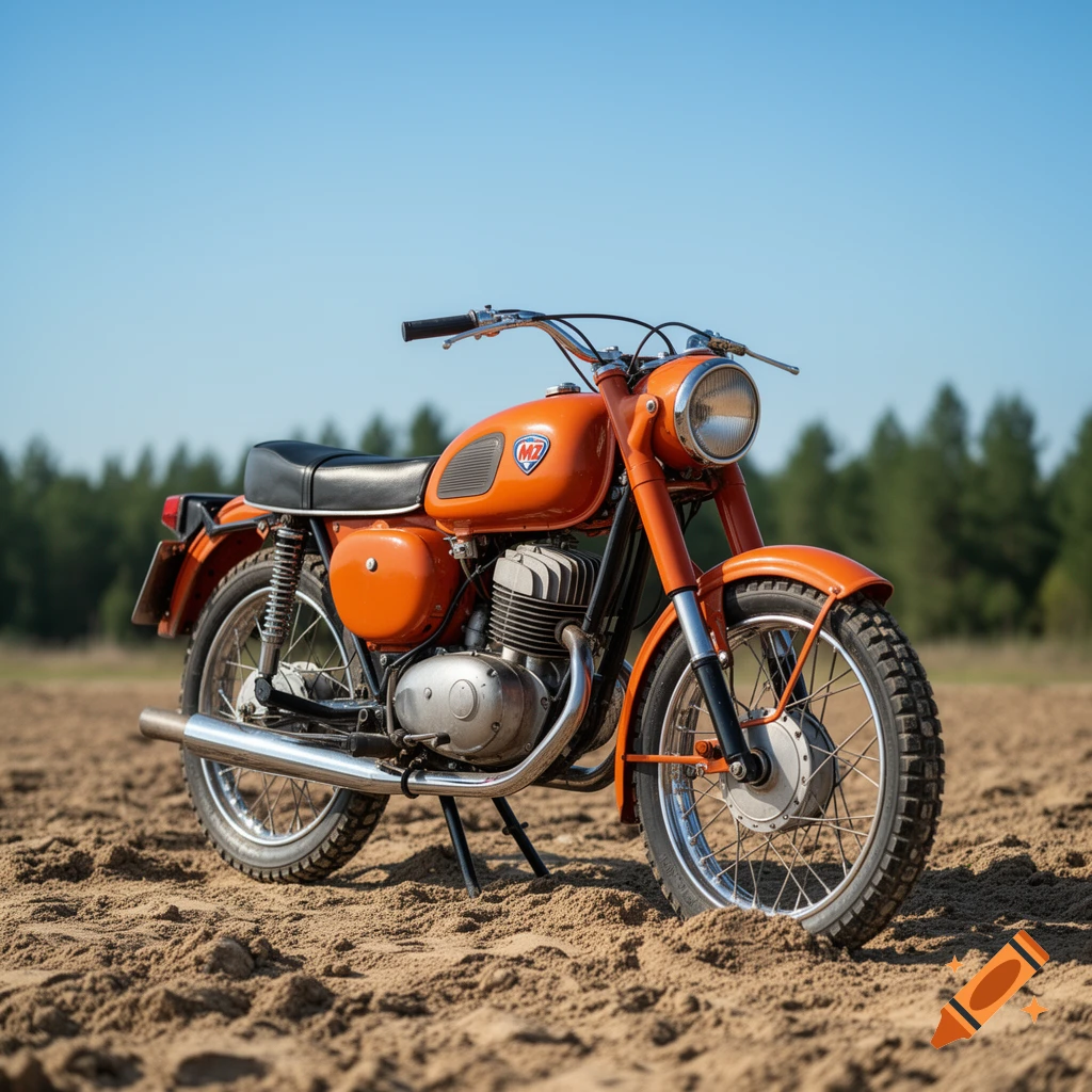 An orange vintage MZ motorcycle with a black seat is parked on a dirt track under a clear blue sky, with a forest in the background.