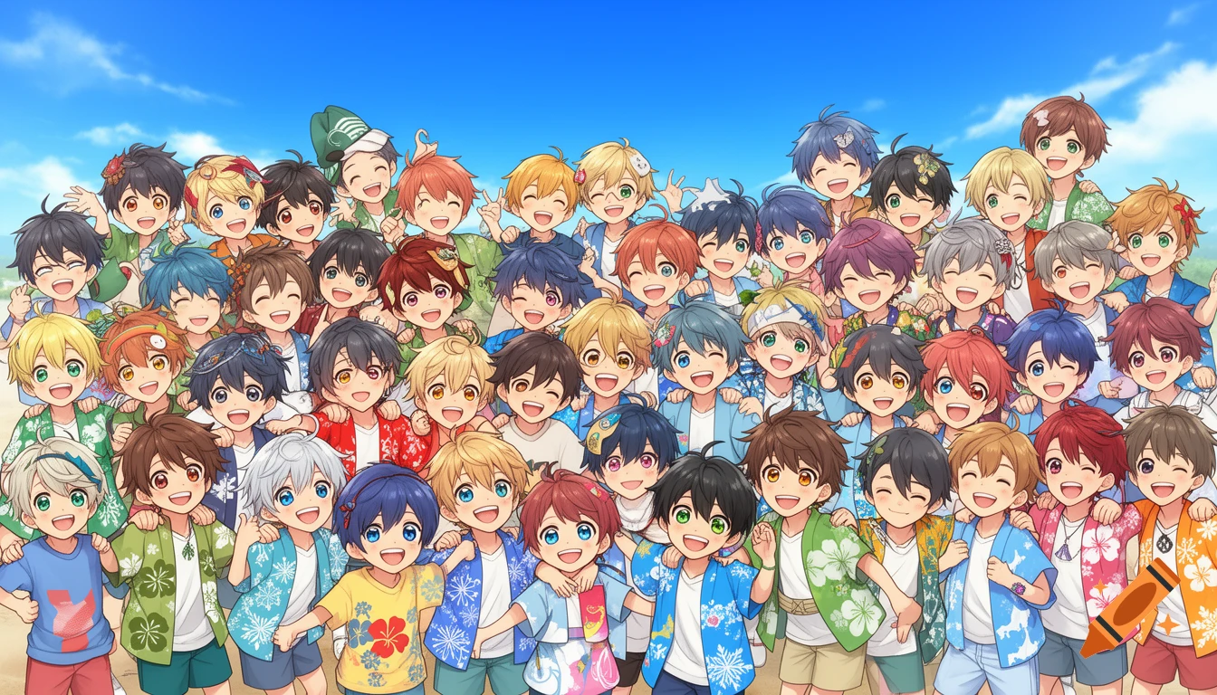 A large group of cute anime boys in colorful summer clothes, smiling cheerfully under a blue sky.