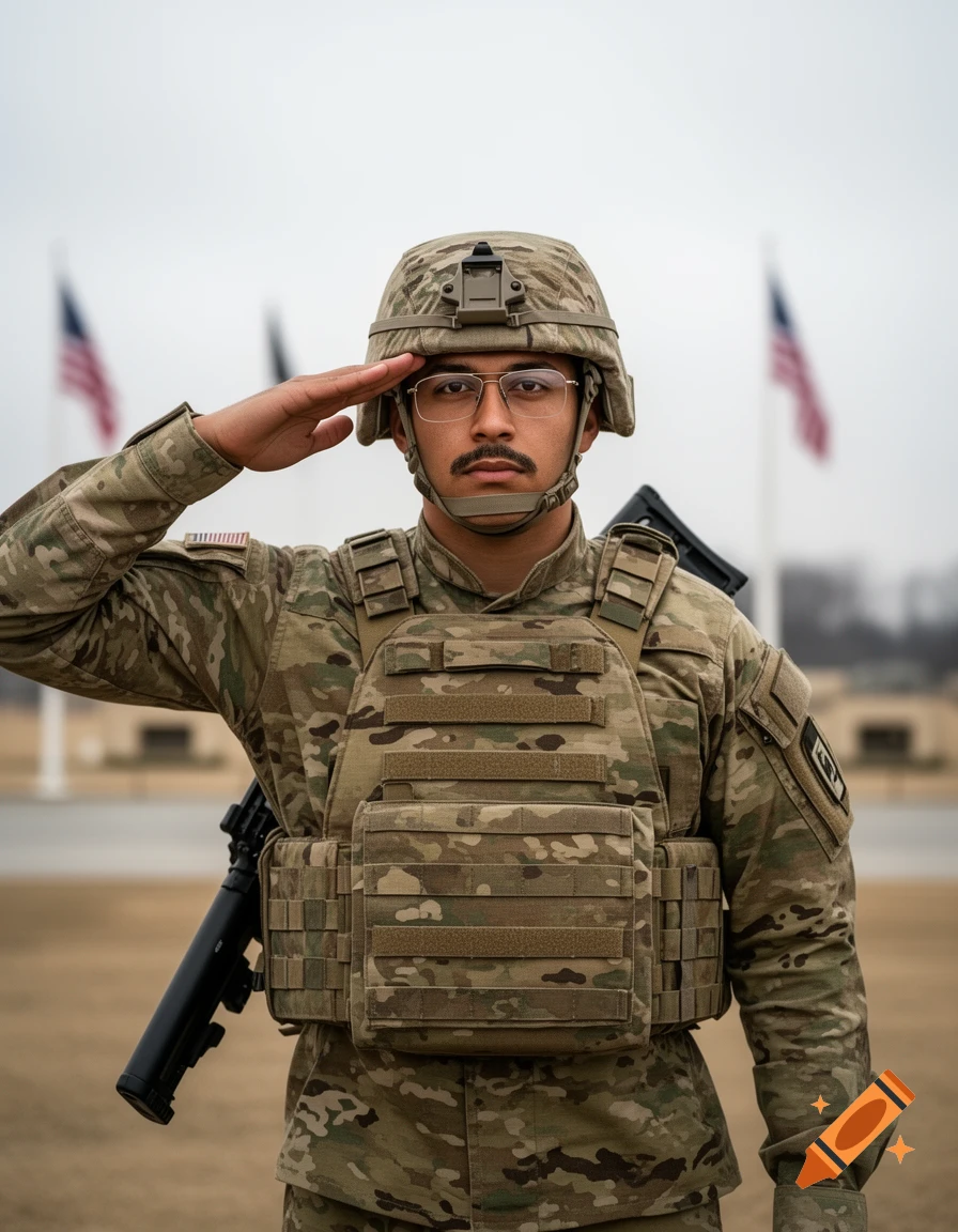 A US soldier in an OCP uniform, helmet, kevlar vest, and eyeglasses with a mustache, saluting outdoors with blurred US flags in the background.