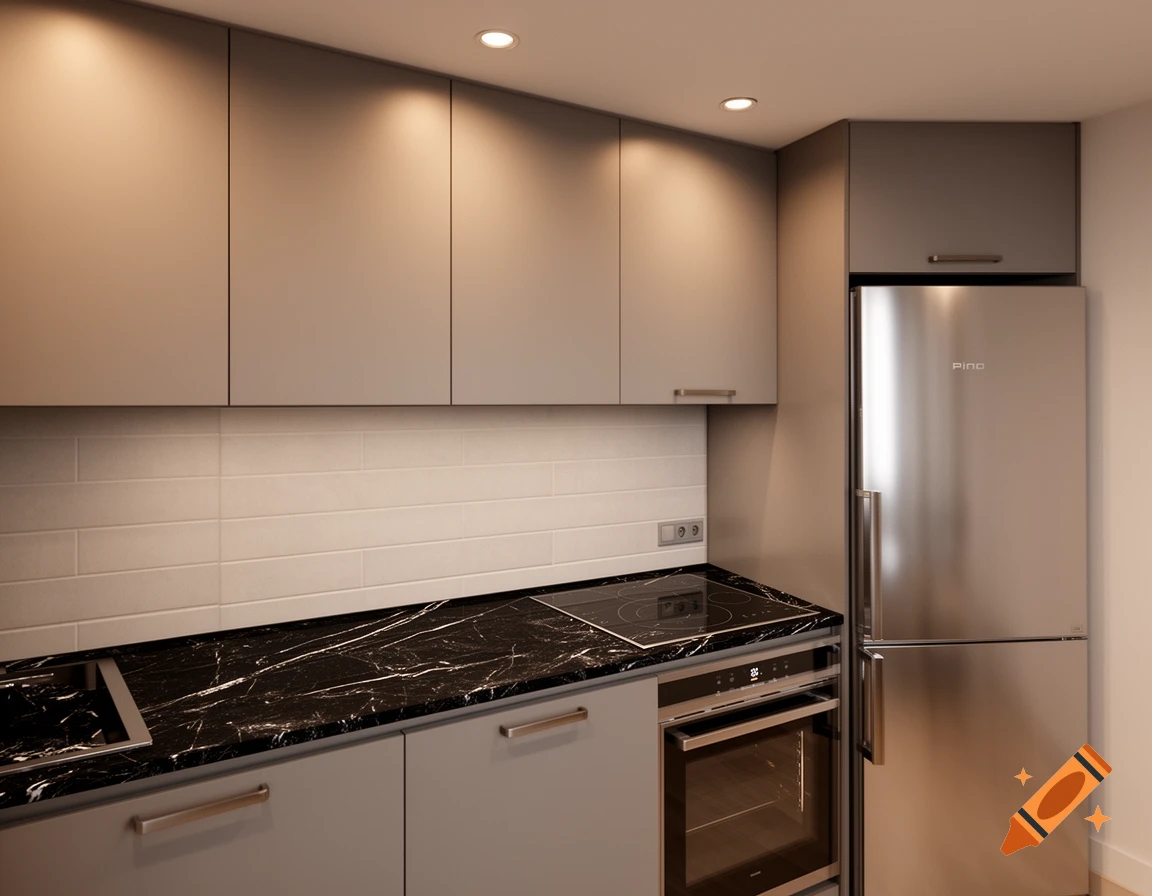Modern kitchen with gray cabinets, black marble countertop, stainless steel refrigerator, oven, and cooktop.