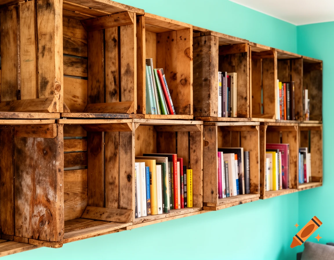 A rustic hanging bookshelf made from old wooden wine crates against a vibrant teal wall. Books are neatly arranged on the shelves.