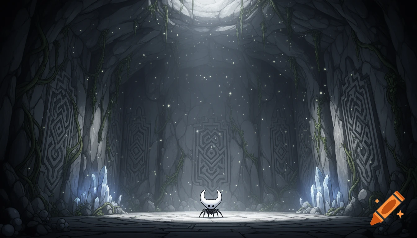 A stylized image of the Knight from Hollow Knight standing in a dimly lit cave with glowing crystals and patterned walls.