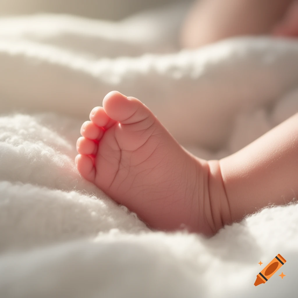 A close-up, photorealistic image of a baby's foot with tiny toes, resting on a soft white knitted blanket.