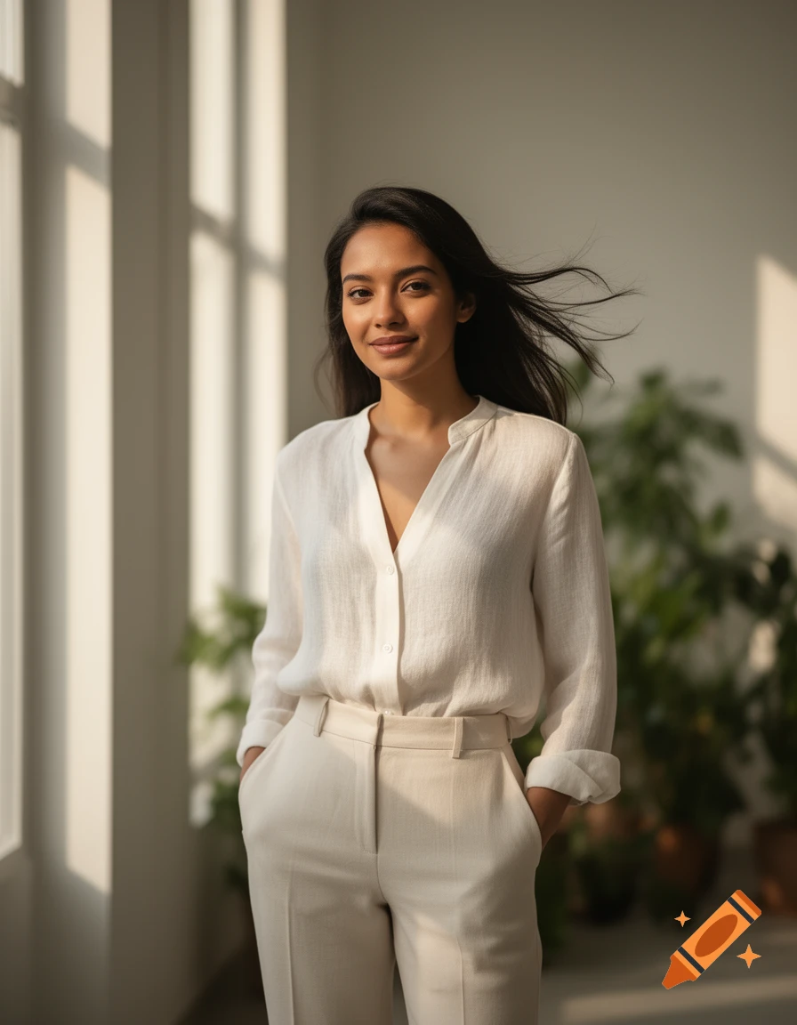 A confident young woman with windswept dark hair smiles in an off-white linen blouse and tailored trousers, standing in soft morning light.