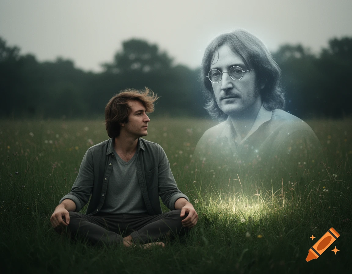 A man in a field looks toward a ghostly, blue-tinged image of John Lennon floating above the grass.