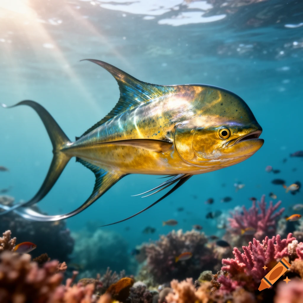 A colorful mahi-mahi fish swims in clear blue ocean water above a vibrant coral reef, with sunlight streaming from above.
