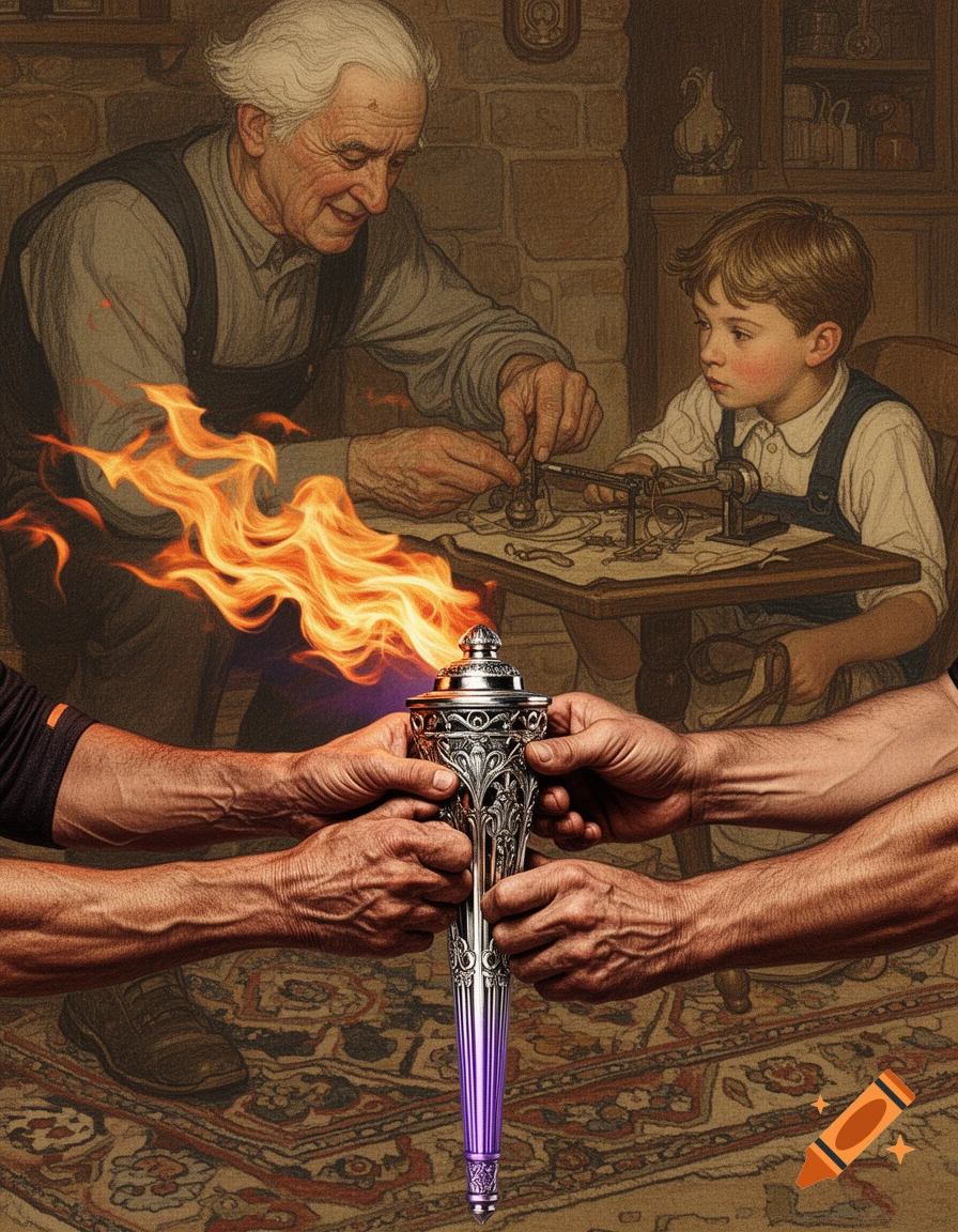 A mash-up image showing photorealistic hands passing a torch with purple and orange flames, overlaid on a painterly background of an elder teaching a child a craft.