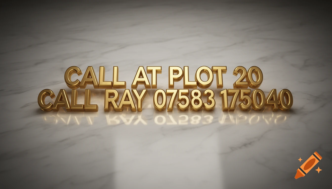 Gold 3D text 'CALL AT PLOT 20 CALL RAY 07583 175040' on a reflective marble surface.