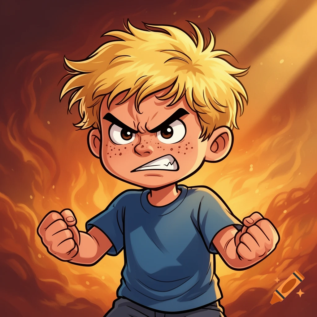 A cartoon boy with messy blonde hair and freckles clenches his fists and scowls angrily against a fiery, smoky background.