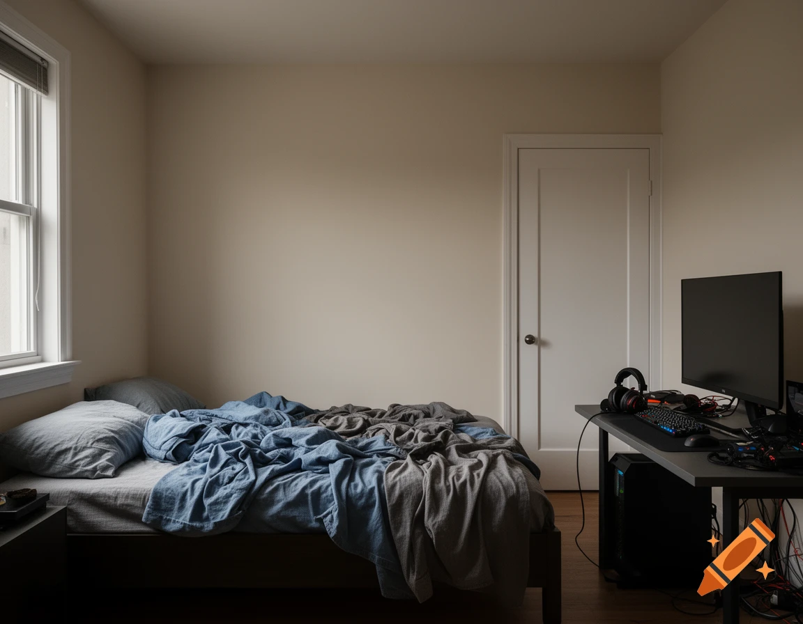 A messy bedroom with an unmade bed, a gaming desktop setup, and a closed white door.