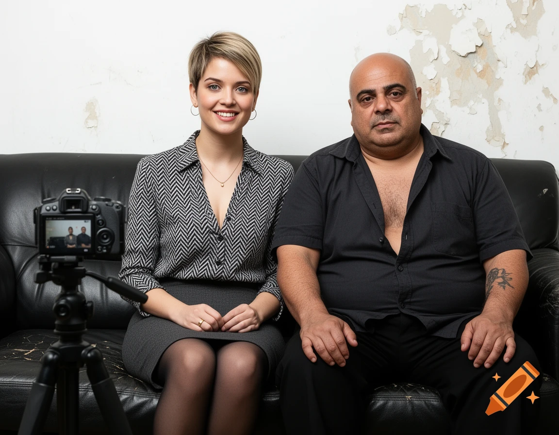 A smiling woman with short blonde hair and a serious man sit on a black leather couch, being filmed by a camera on a tripod.