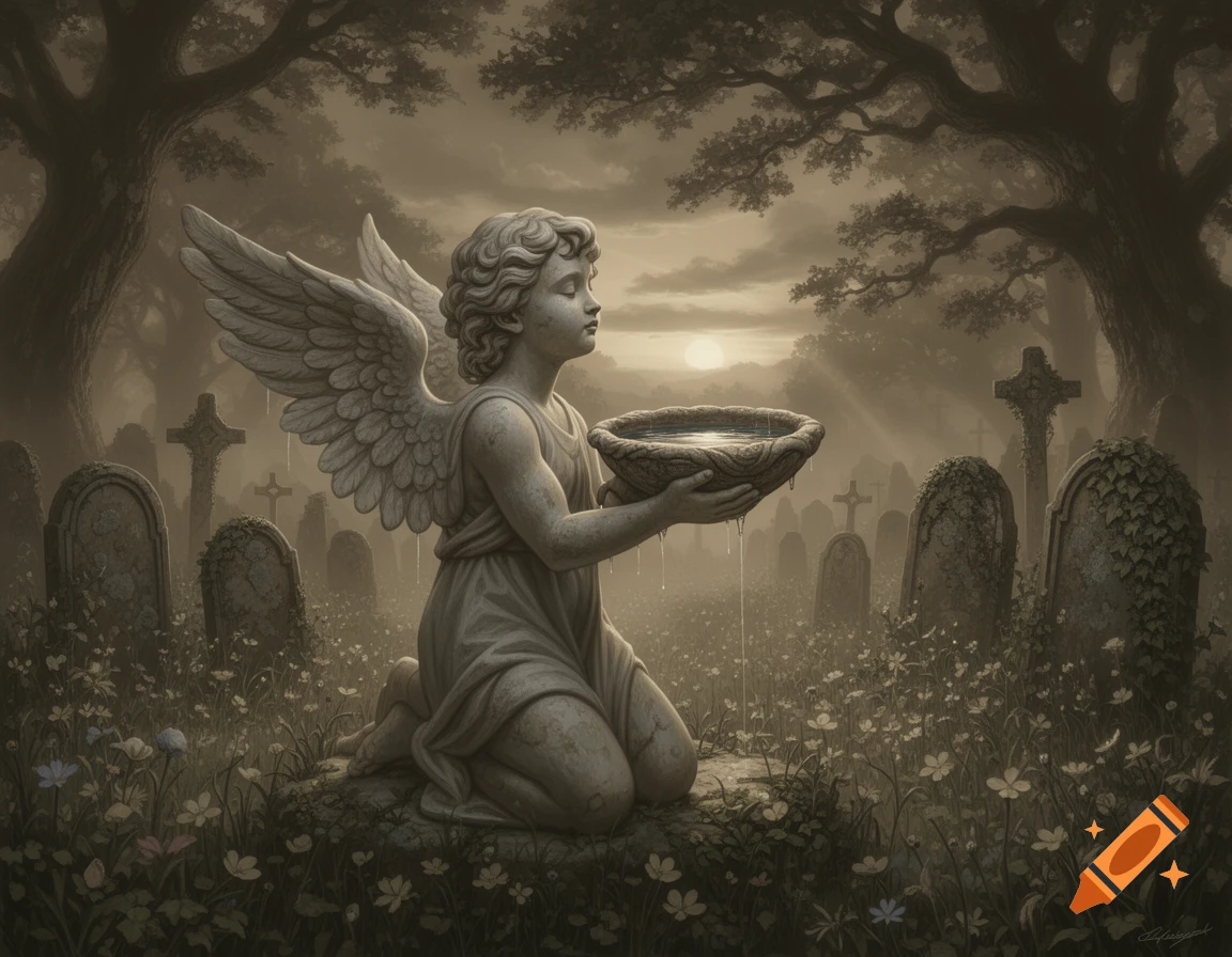 Fantasy artwork of a kneeling cherub statue holding a bowl in a misty, sepia-toned cemetery with gravestones and trees.