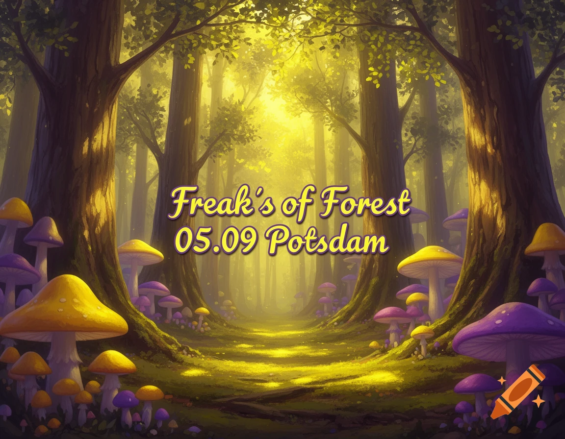 A vibrant painted fantasy forest with tall trees and glowing yellow and purple mushrooms, featuring the text 'Freak's of Forest 05.09 Potsdam'.