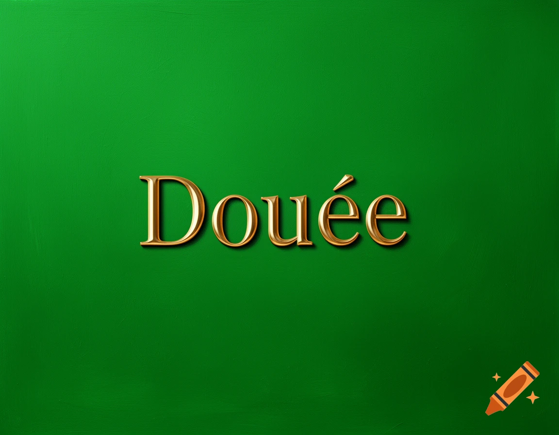The golden word "Douée" with a shadow effect, centered on a textured green background.