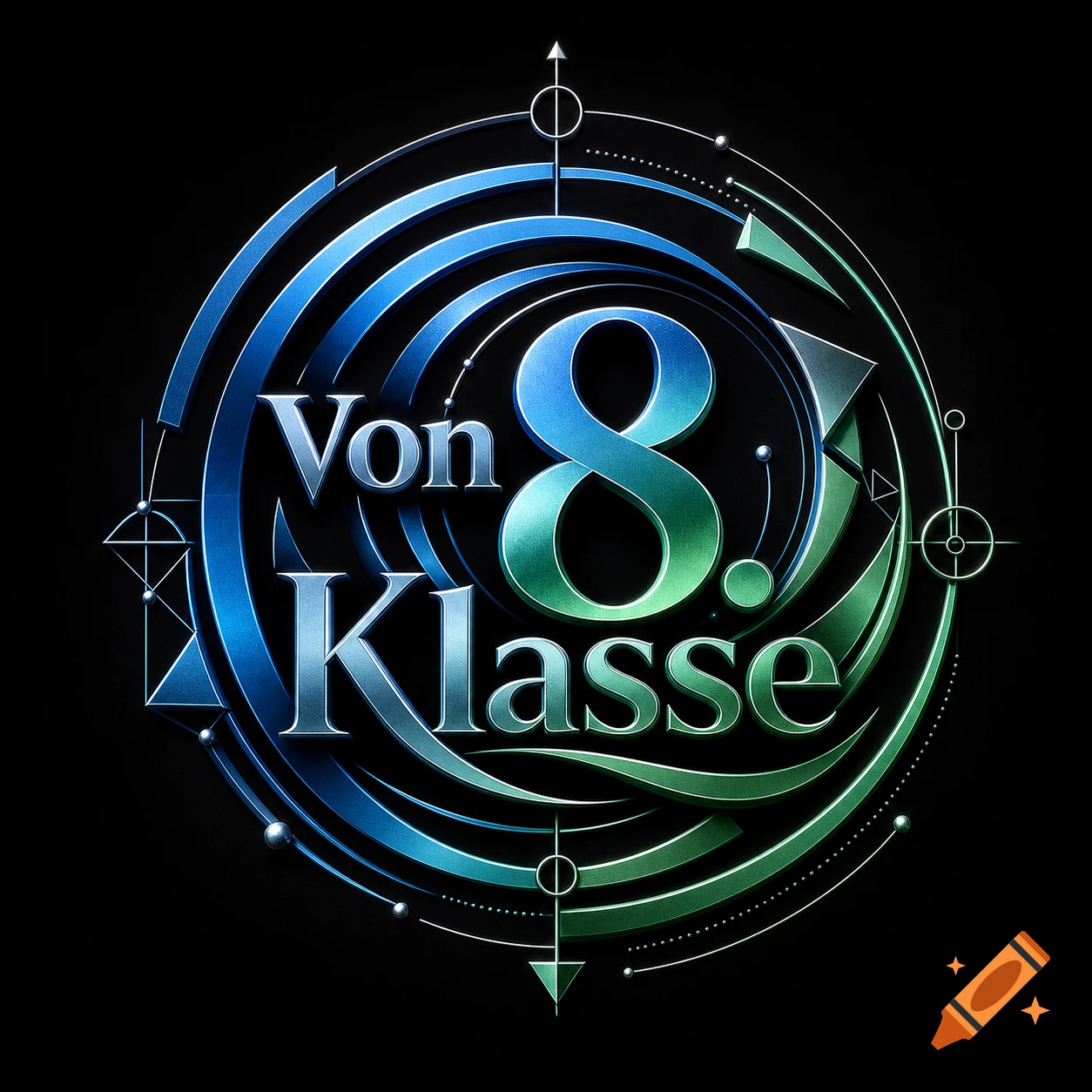 A metallic logo featuring the text "Von 8. Klasse" in blue and green hues, encircled by abstract geometric designs on a black background.