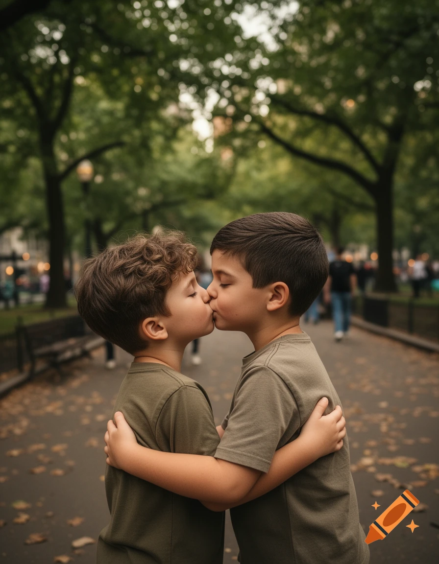 Two young boys with closed eyes kiss tenderly in a park setting with trees and fallen leaves. Photorealistic style.