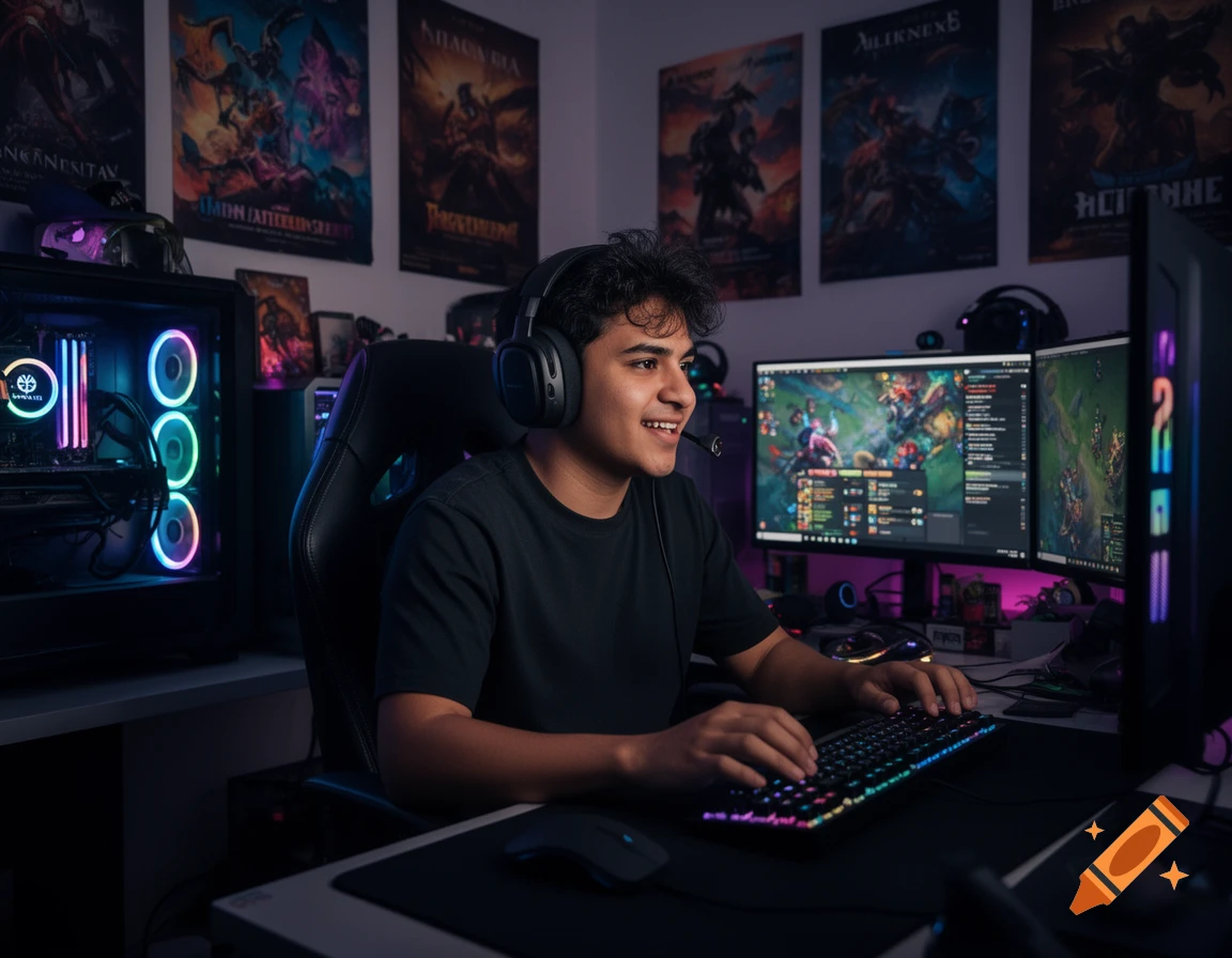 A young man with a headset smiles while playing video games at a desk with multiple monitors, a colorful PC, and posters.
