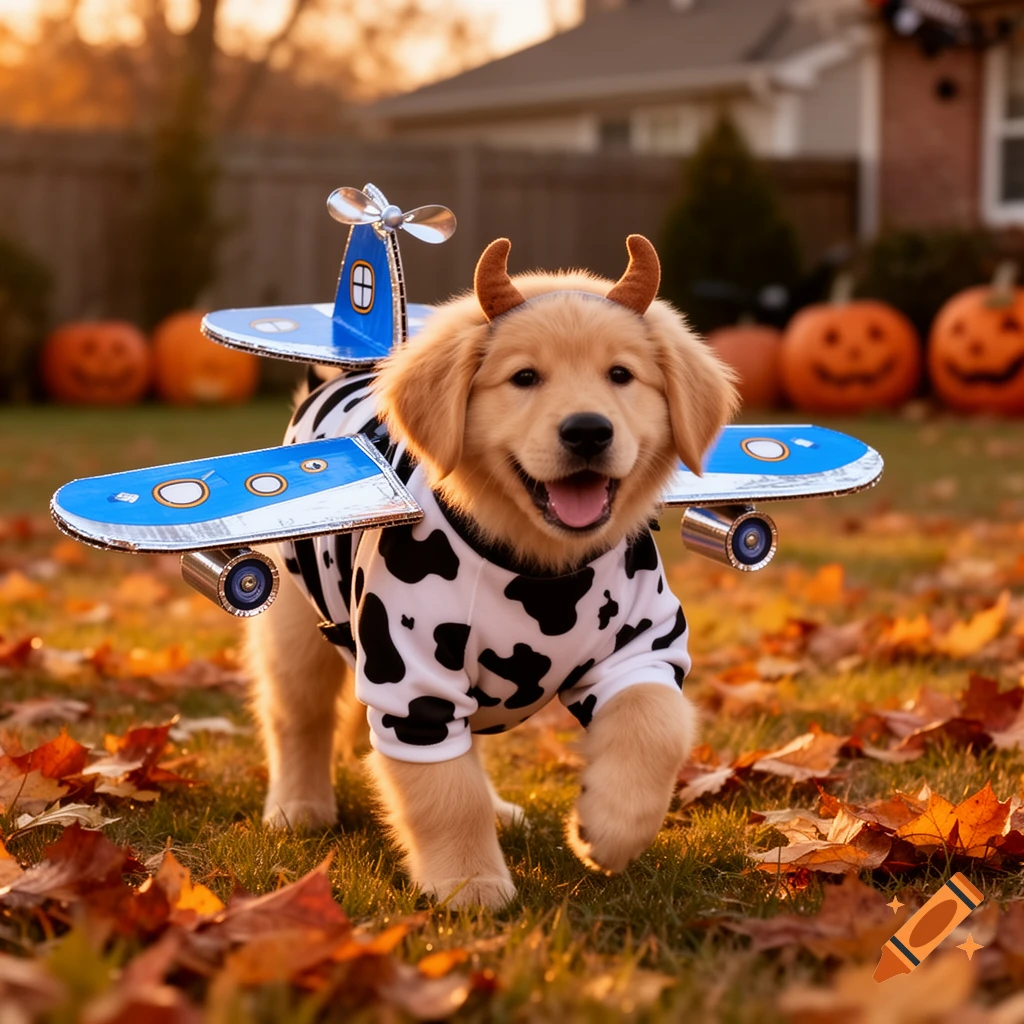A golden retriever puppy dressed in a cow print shirt with airplane wings and devil horns, running in a yard with autumn leaves and pumpkins.