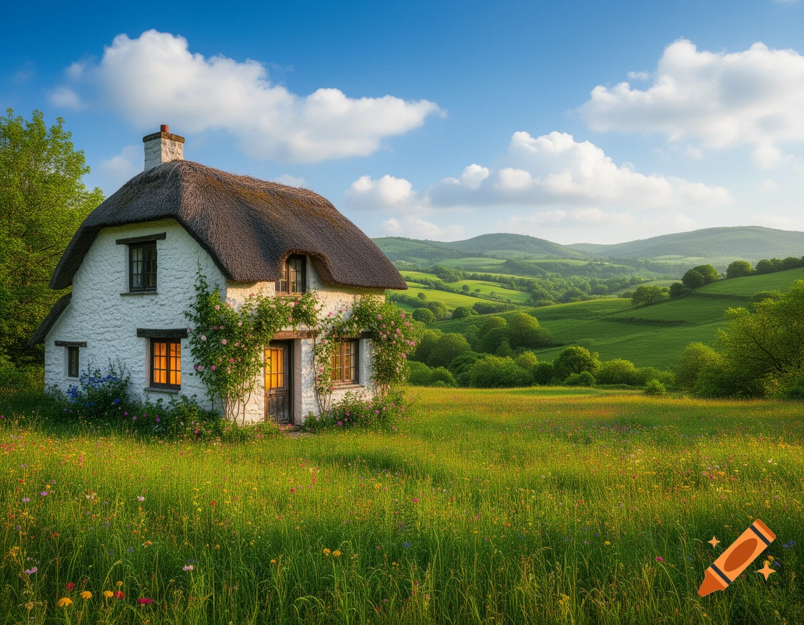 A white thatched-roof cottage in a vibrant green field with wildflowers, backed by rolling hills under a blue sky.
