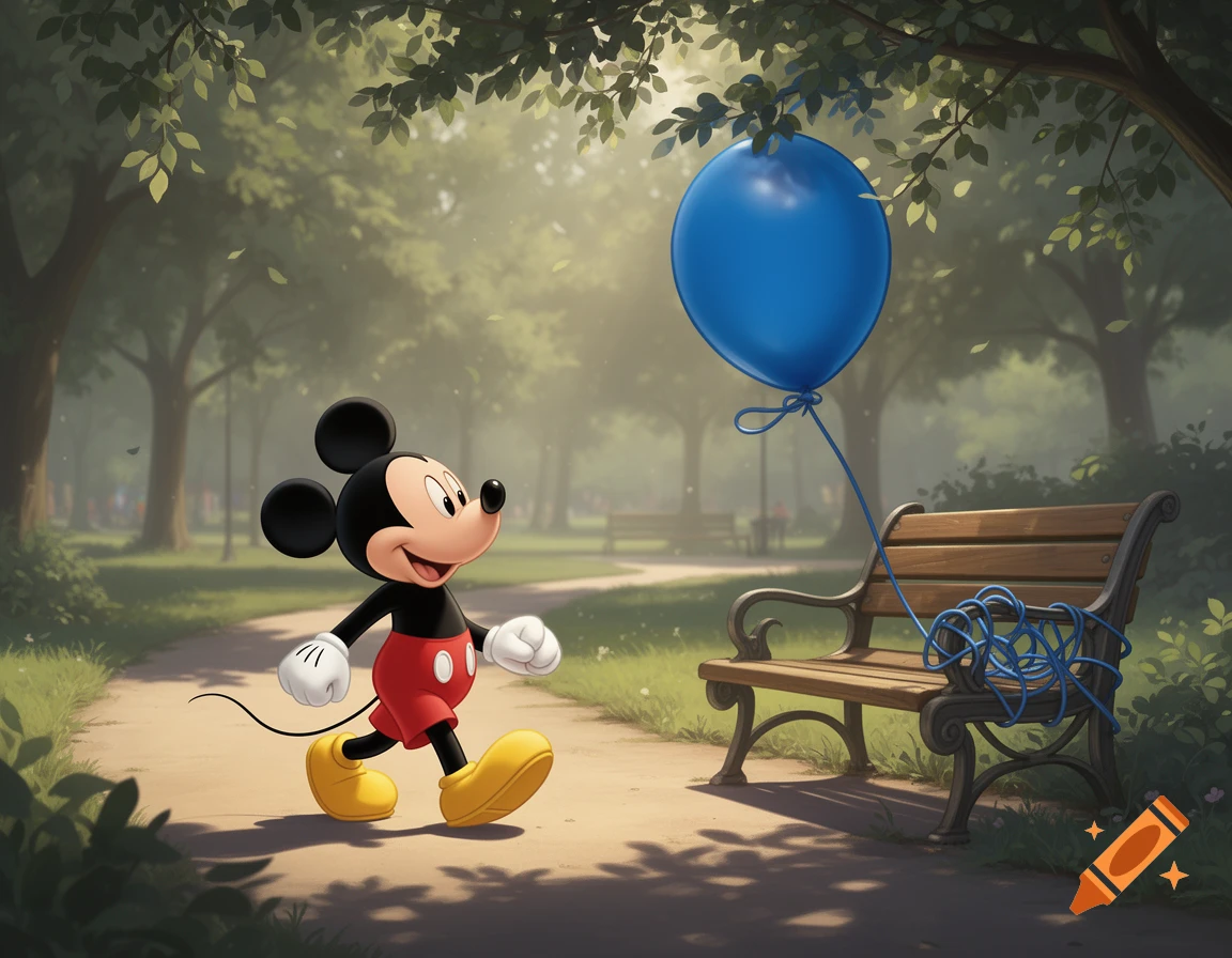 Mickey Mouse walks down a sunny park path, looking at a large blue balloon with a tangled string resting on a wooden bench.