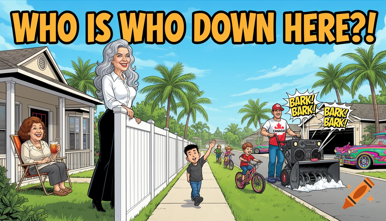 A vibrant comic book style illustration of a lively suburban street scene, titled "WHO IS WHO DOWN HERE?!". People interact with kids on bikes, a tall woman peers over a fence, and a Canadian man uses a snowblower in Florida, while boombox sound effects say "BARK! BARK! BARK!"
