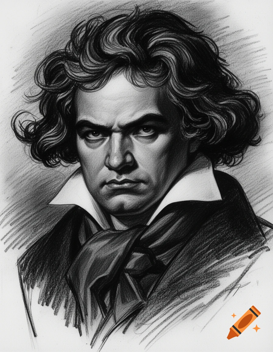 A charcoal portrait of a stern Ludwig Van Beethoven with curly hair.