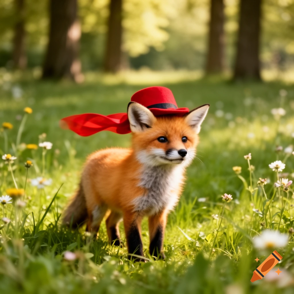 A cute fox cub wearing a red hat with a flowing ribbon stands in a sunlit grassy field with wildflowers.