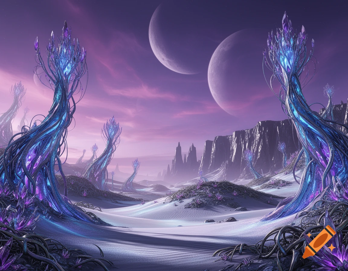 A vibrant alien landscape with glowing purple and blue crystal flora, white dunes, rocky cliffs, and two moons in a purple sky.