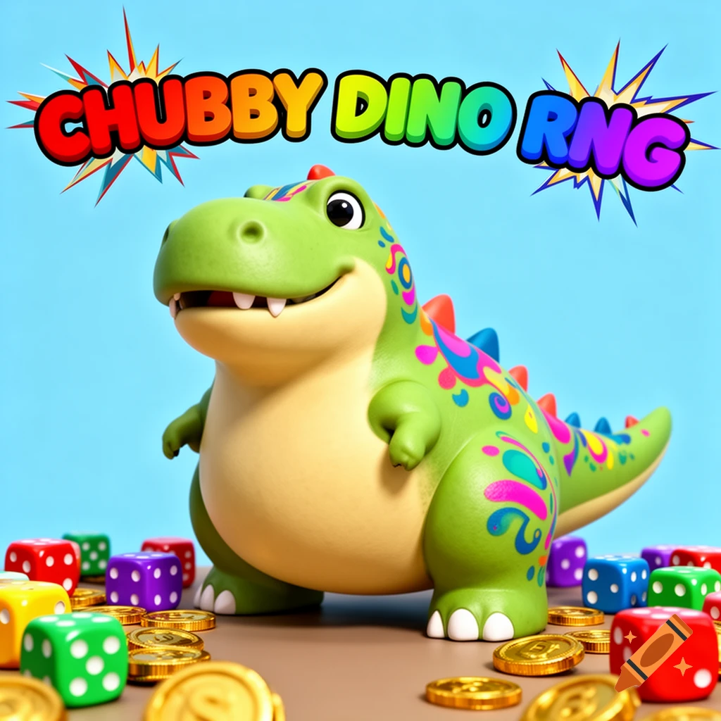 A cute, chubby green cartoon dinosaur with colorful spots, surrounded by dice and gold coins, with 'CHUBBY DINO RNG' text on a blue background.
