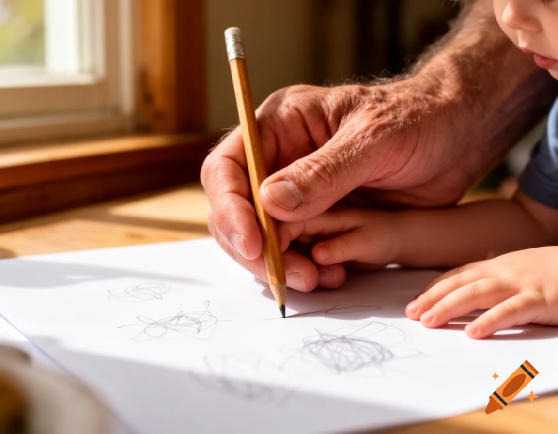 Close-up of an adult's hand gently guiding a child's hand holding a pencil to draw on white paper, bathed in warm sunlight.