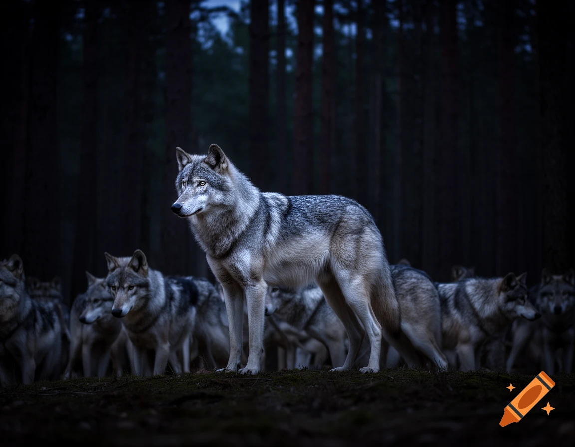 A majestic grey wolf stands prominently in a dark forest, surrounded by its pack, under a dim sky.