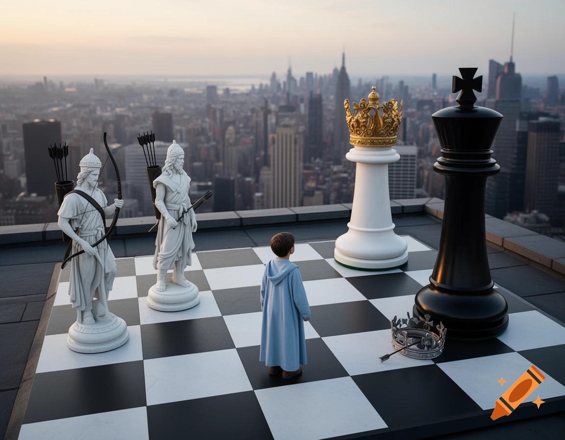 A child stands on a rooftop chessboard overlooking a city skyline, facing large white archer statues, a white king, and a black king with a crown on the ground.
