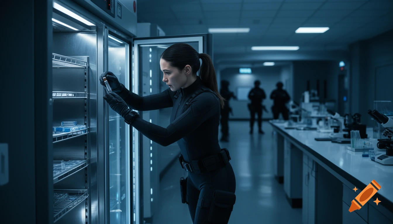 A photorealistic image of a female covert operative in tactical gear, holding a vial inside a blue-lit laboratory vault.