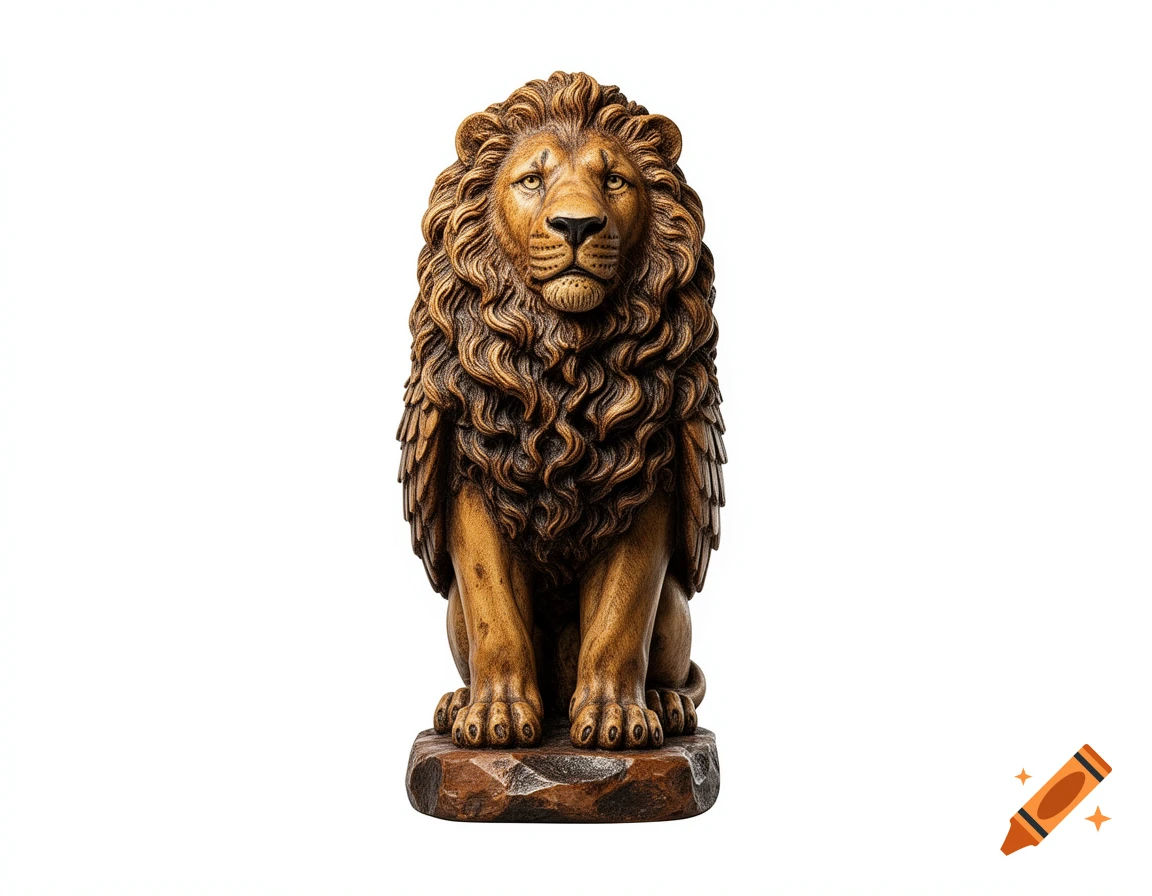 A detailed wooden or stone statue of a majestic lion sitting upright, looking forward, against a white background.
