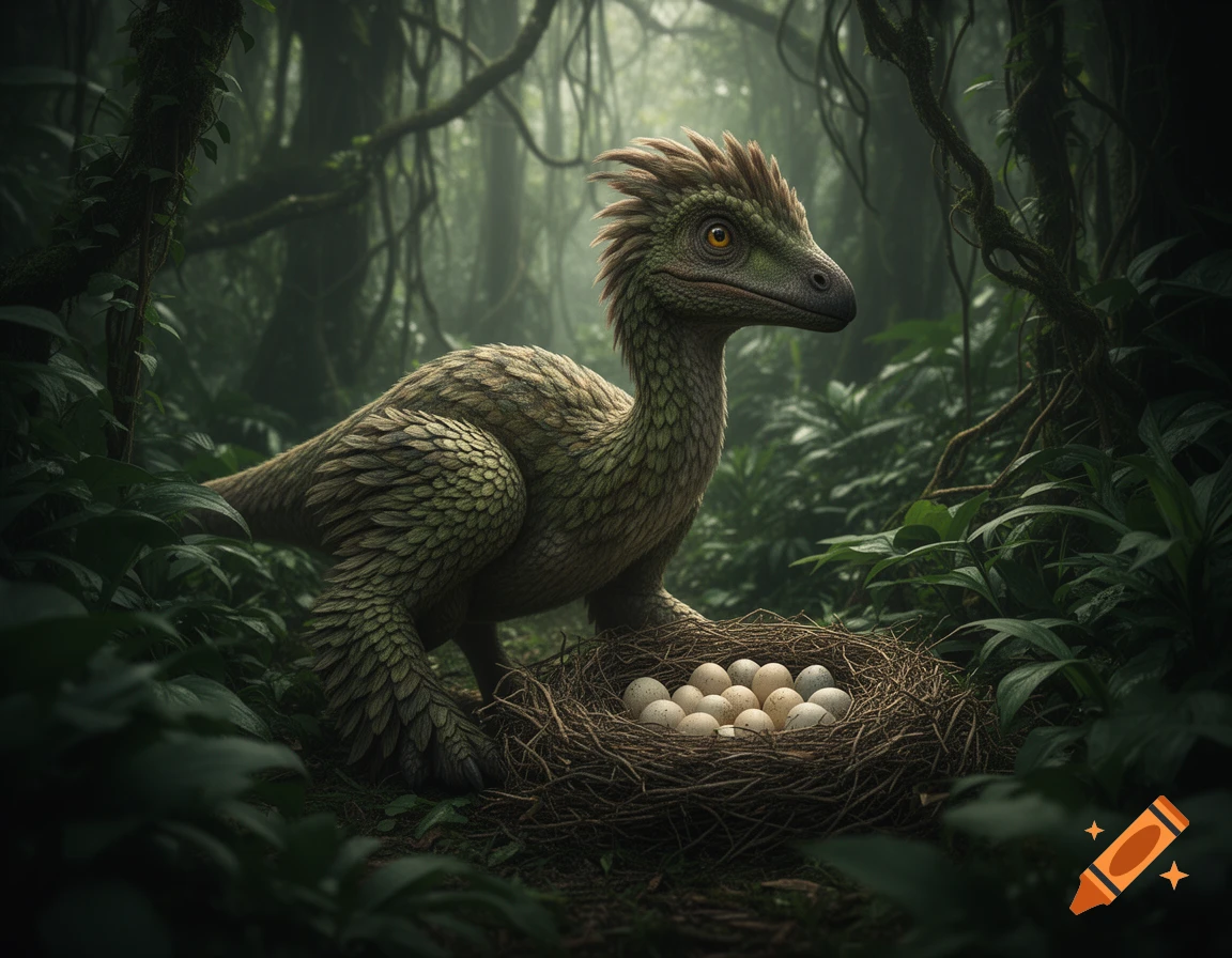 A photorealistic oviraptor crouches next to its nest filled with eggs in a dense, dimly lit jungle.