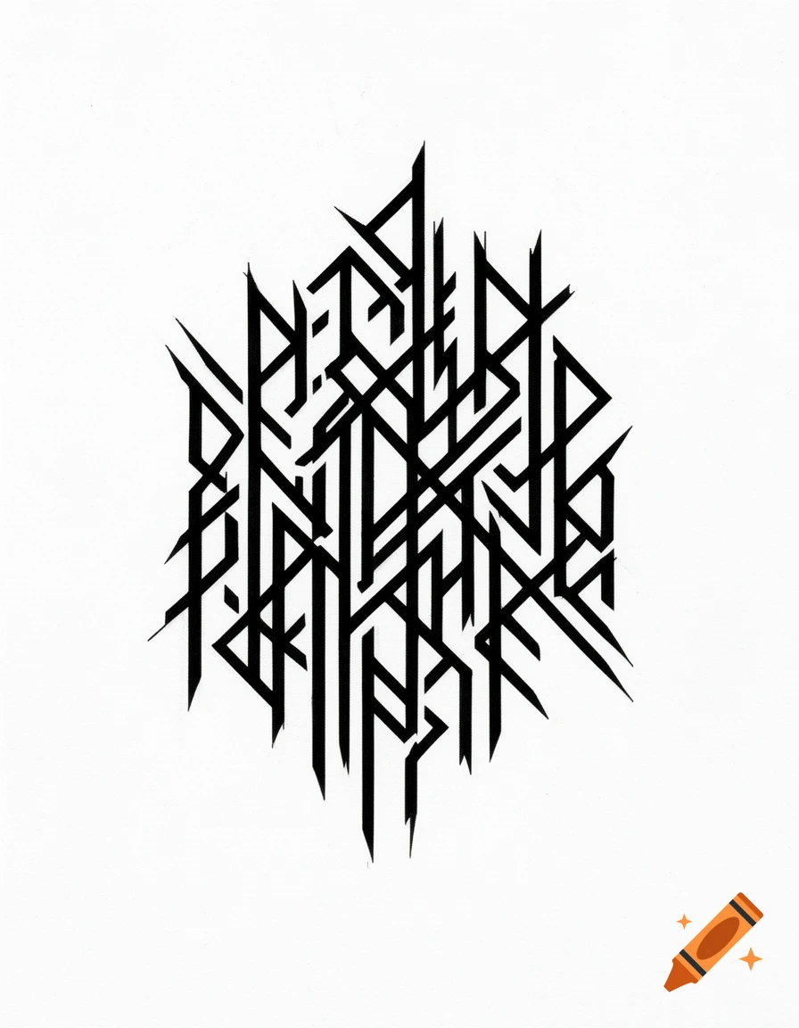 Abstract blackwork graphic with sharp, broken lines forming a stylized rune-like pattern on a white background, minimalist tattoo design.