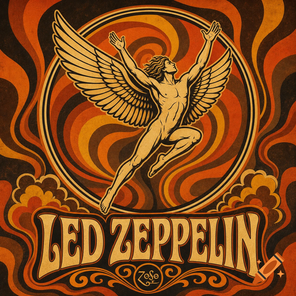 70s psychedelic poster art for Led Zeppelin, featuring a golden winged figure with arms raised against a swirling orange and brown background.