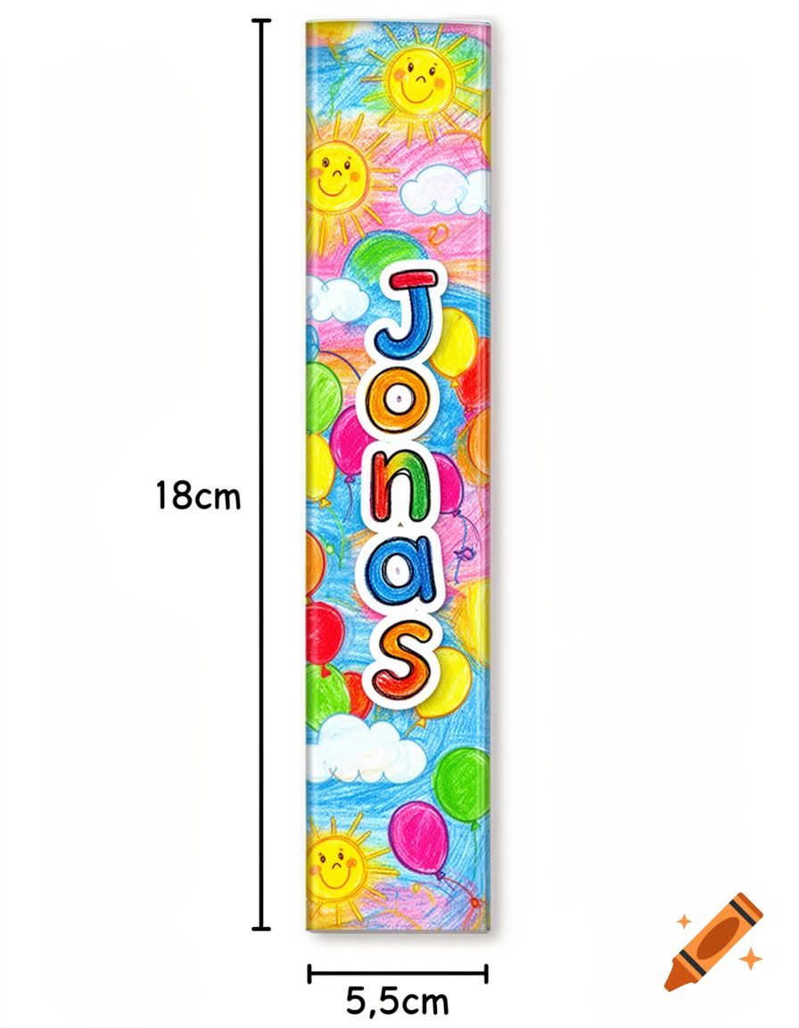 Colorful kindergarten-style binder spine with suns, balloons, clouds, the name 'Jonas', and dimensions 18x5.5cm.