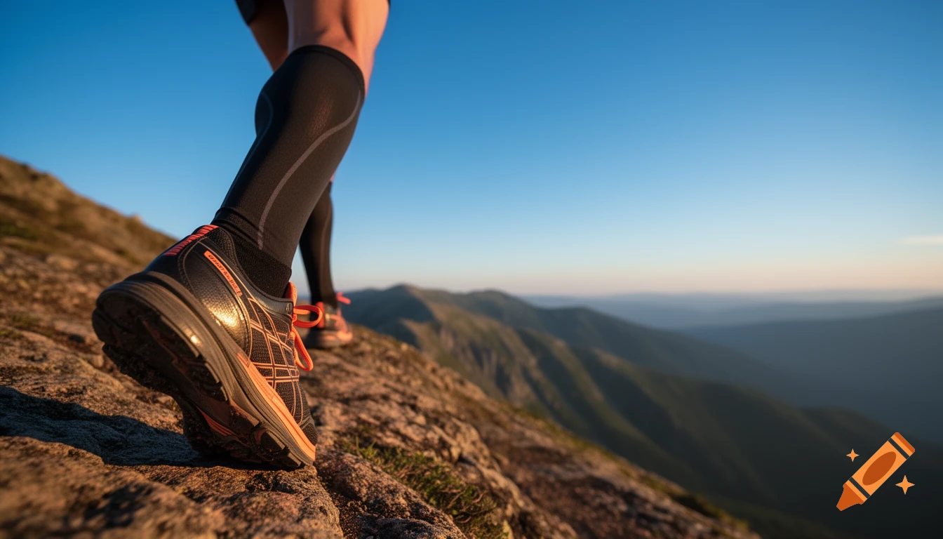 Close-up of a runner's foot in a black and orange trail shoe on a rocky mountain path, with a panoramic mountain view at sunset.
