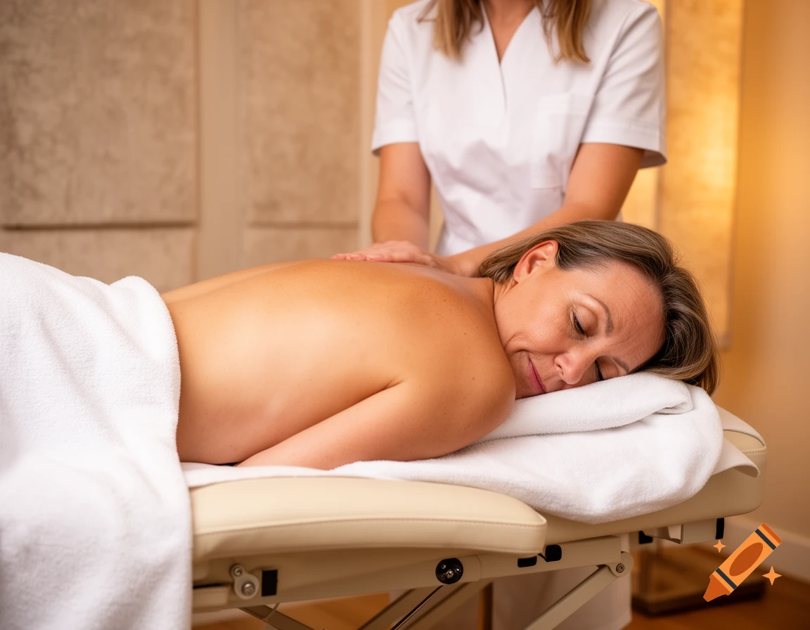 A woman lies face down on a massage table, covered by a white towel, receiving a back massage from a person in a white uniform. Photorealistic.