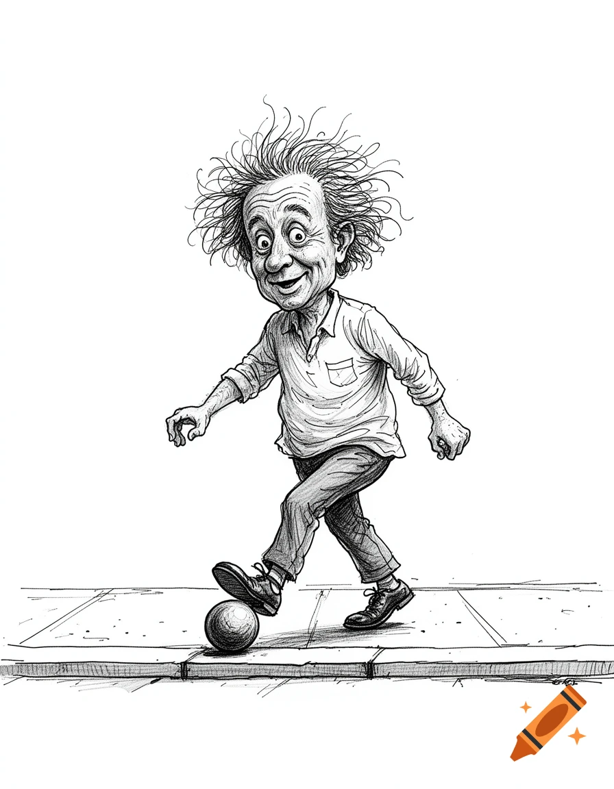 Black and white ink drawing of a comical, messy-haired man with an expressive face walking and stepping on a small ball on a sidewalk.