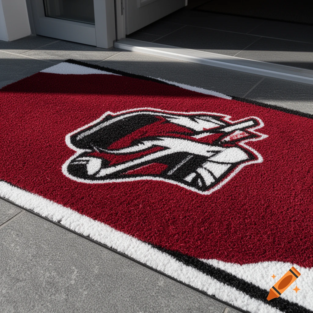 Red doormat with a black and white stylized hockey club logo in front of an open doorway, on a sunny day.