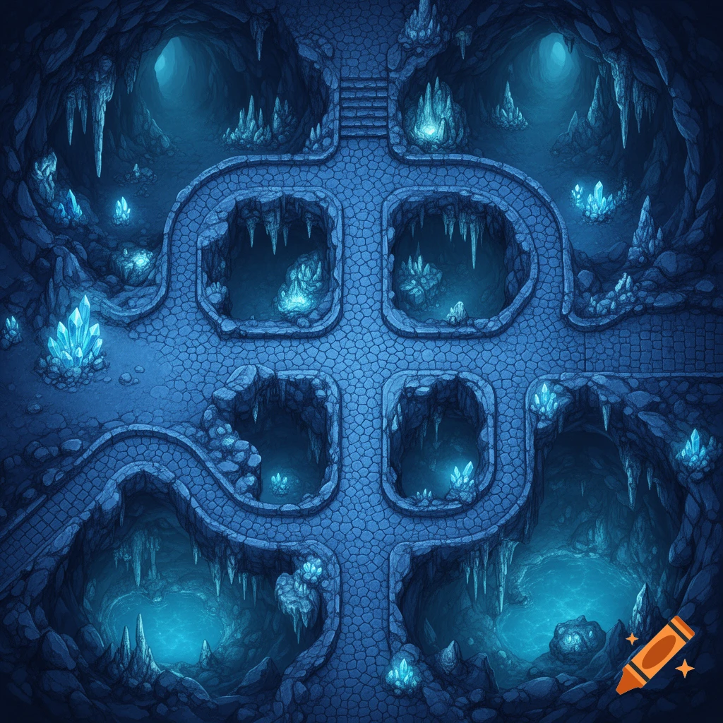 Overhead fantasy map of a blue rock tunnel complex with glowing crystals and cave formations.