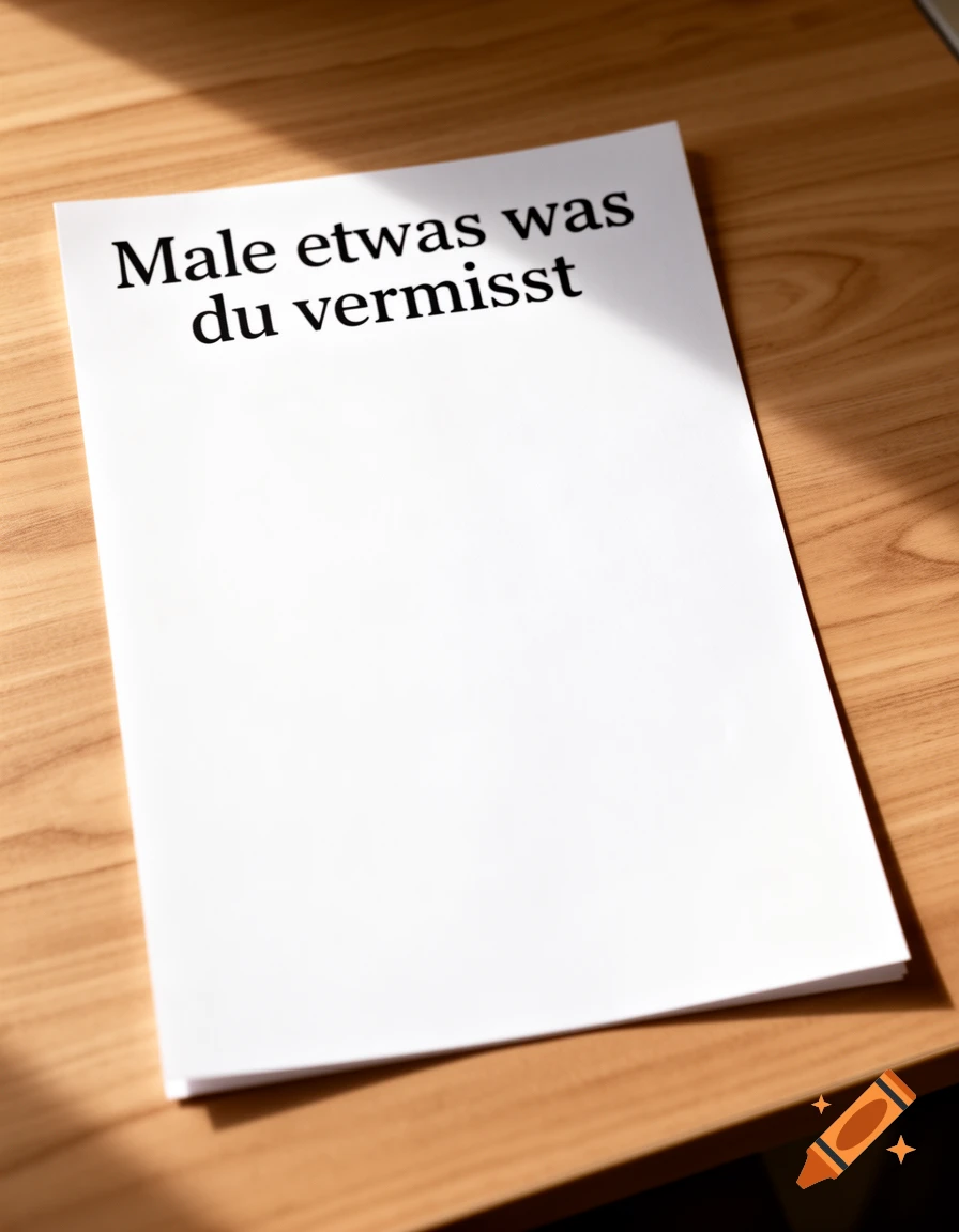 A white sheet of paper with the German text 'Male etwas was du vermisst' and a large blank space, resting on a wooden desk. Photorealistic.