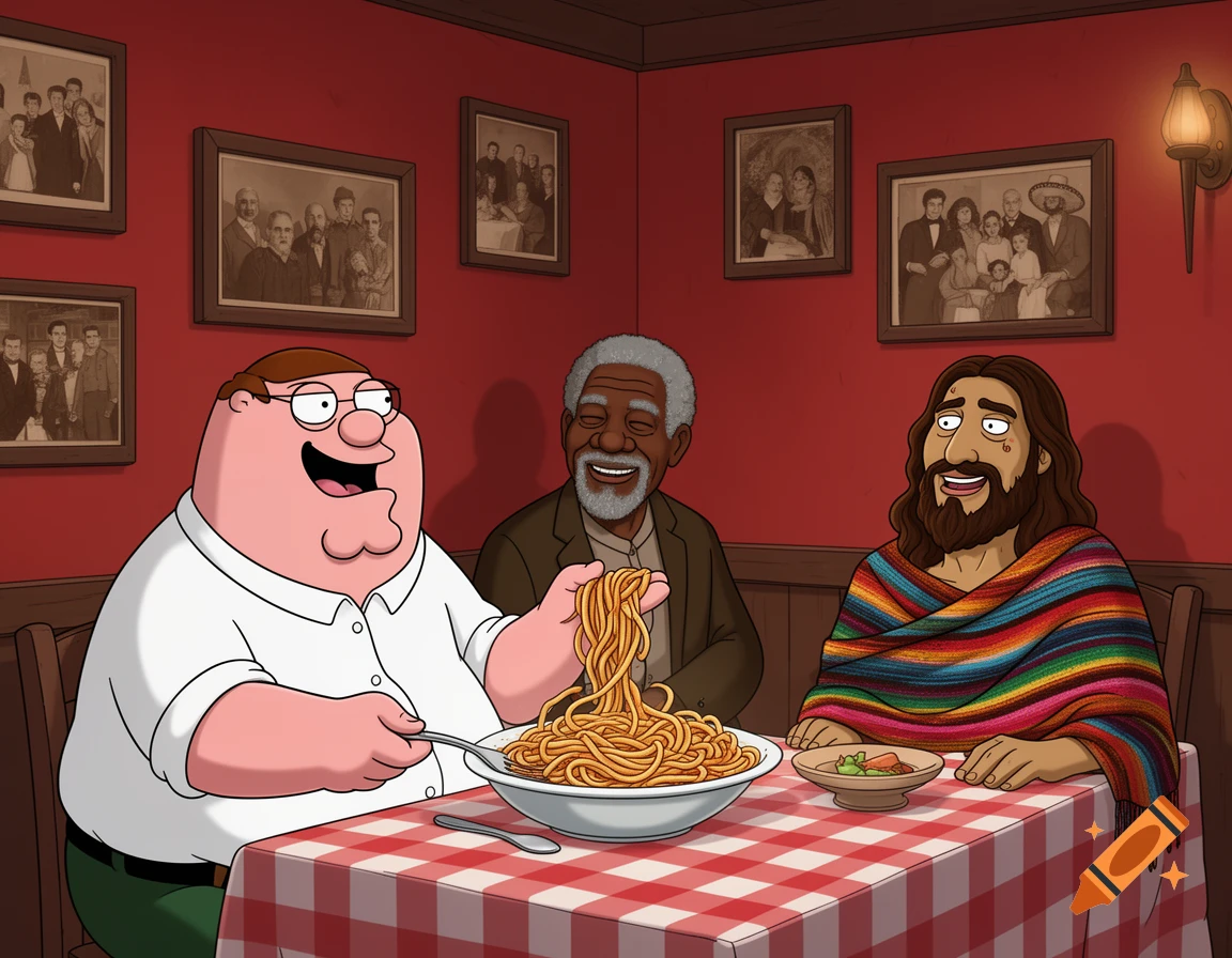Cartoon of Peter Griffin eating spaghetti with Morgan Freeman and Jesus, who wears a striped poncho, at a checkered table in a restaurant.